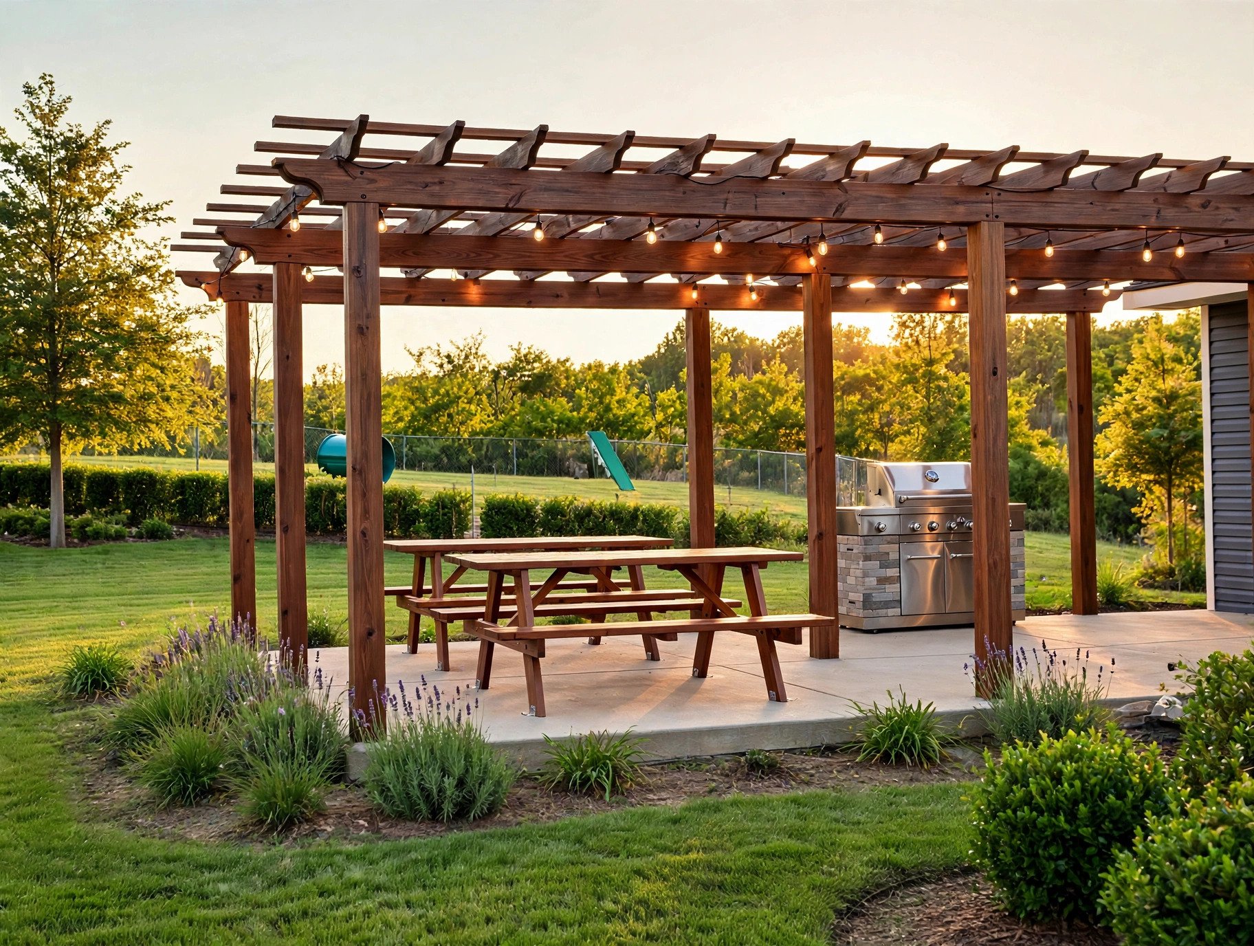 Grill station with a pergola, string lights, two picnic tables, and a stainless grill