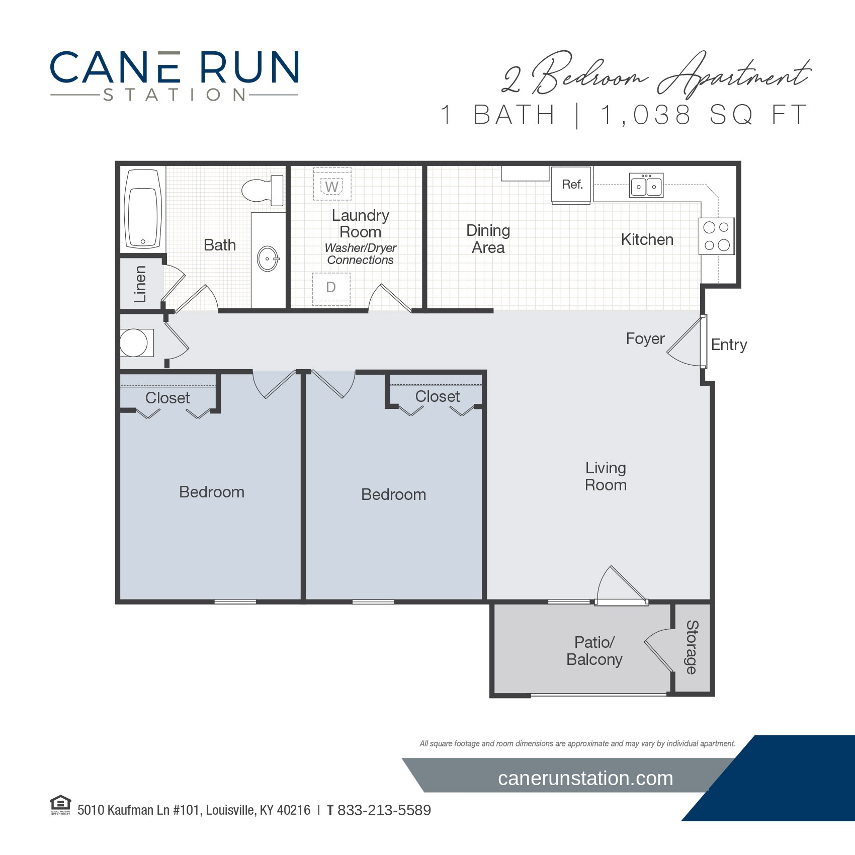 Floor plan diagram: 2 bedroom, 1 bath, 1,038 square feet