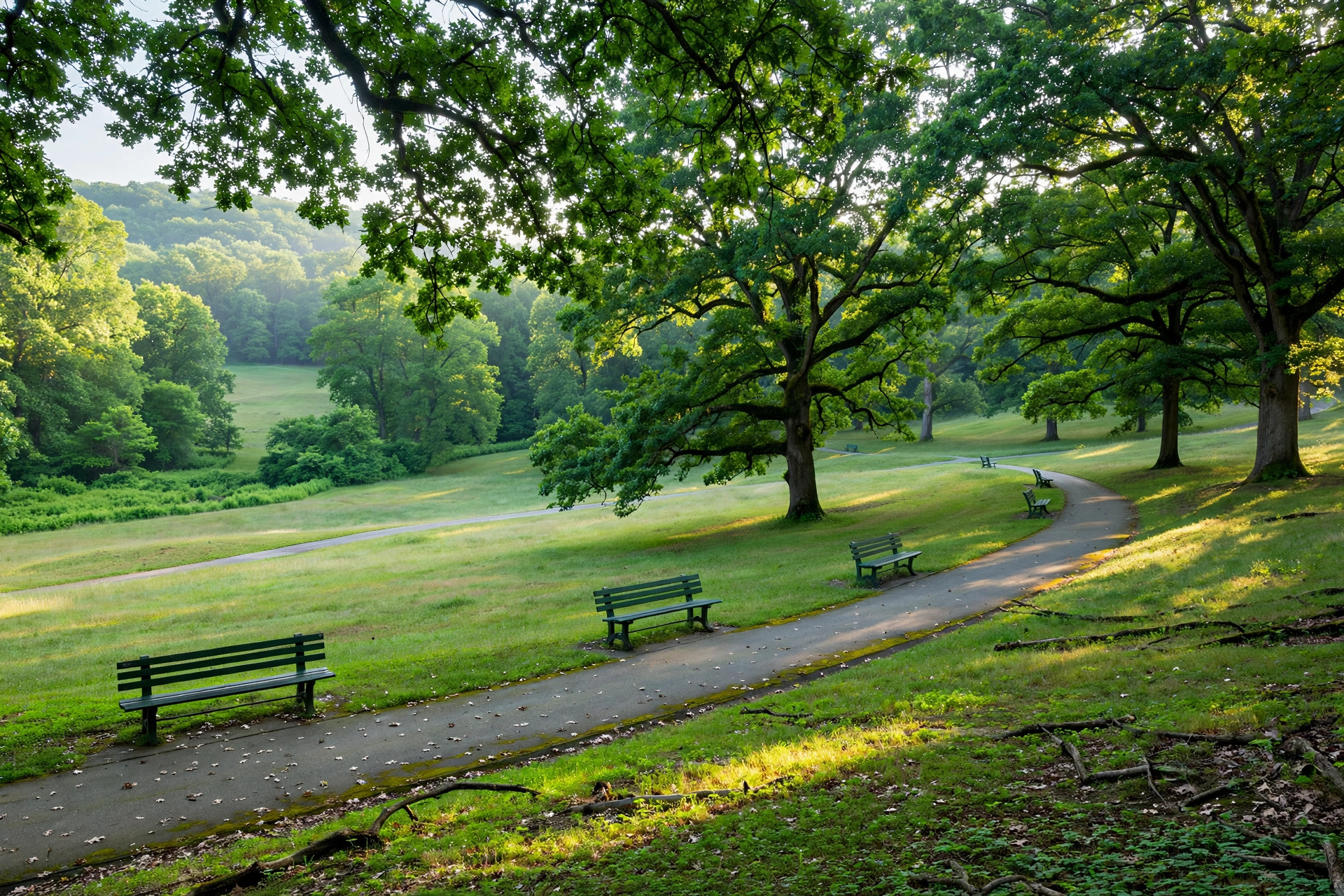 Illustrative view of a lush green Louisville park with mature oaks, a winding path, and benches