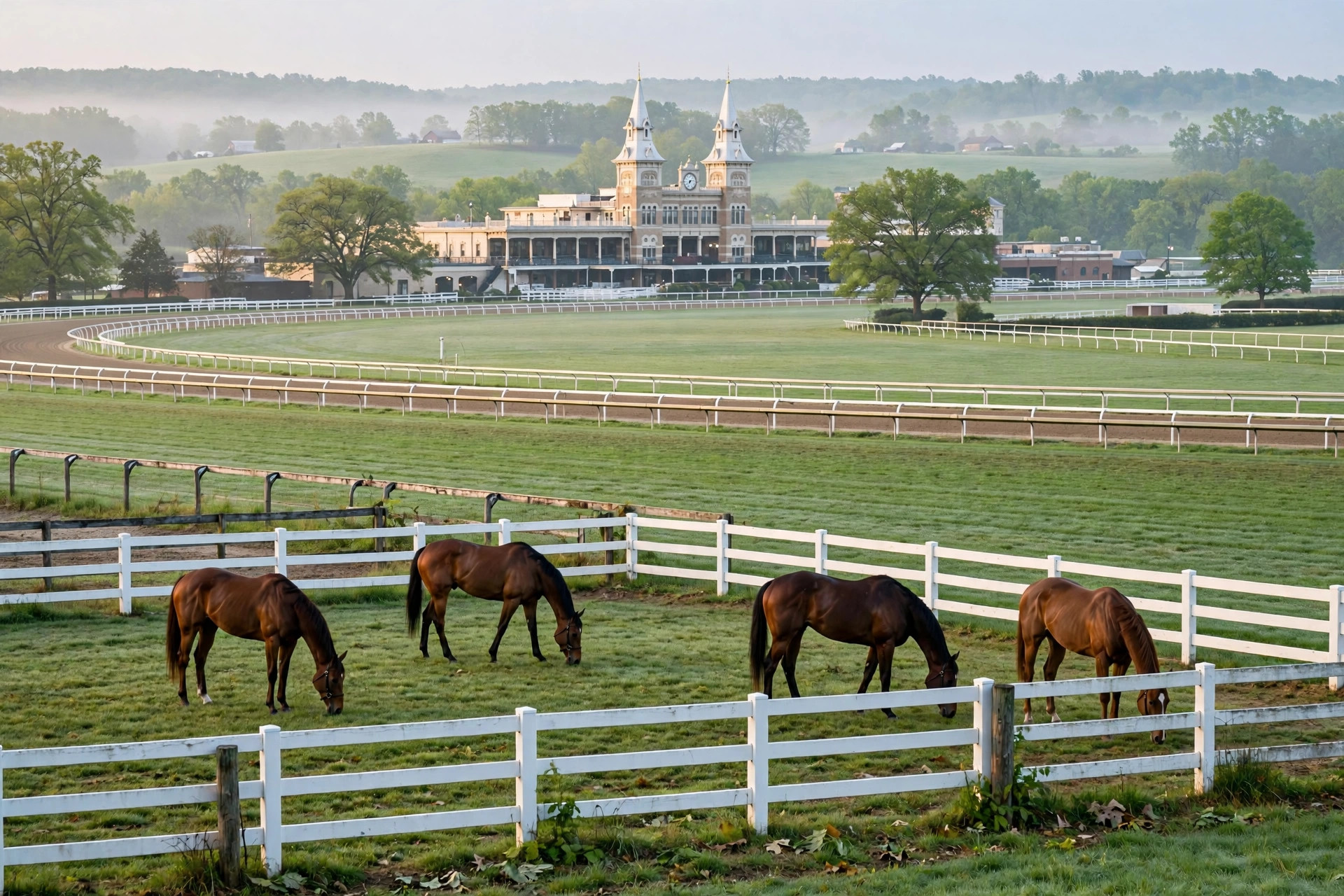 Illustrative view of a historic Louisville racetrack with twin spires, white fences, and grazing thoroughbreds